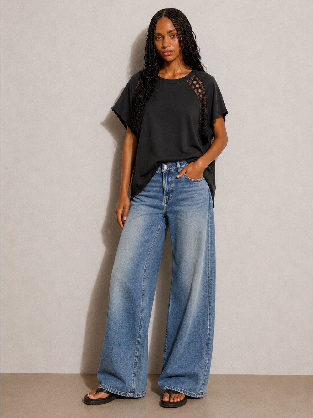 Free People Black Crochet Cutout Oversized T-Shirt | 100% Cotton Boho Tee
